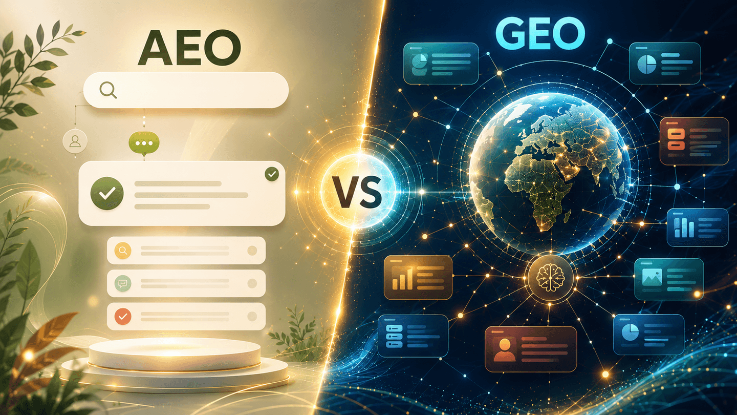 Comparación visual entre AEO y GEO para posicionamiento en motores de búsqueda con inteligencia artificial