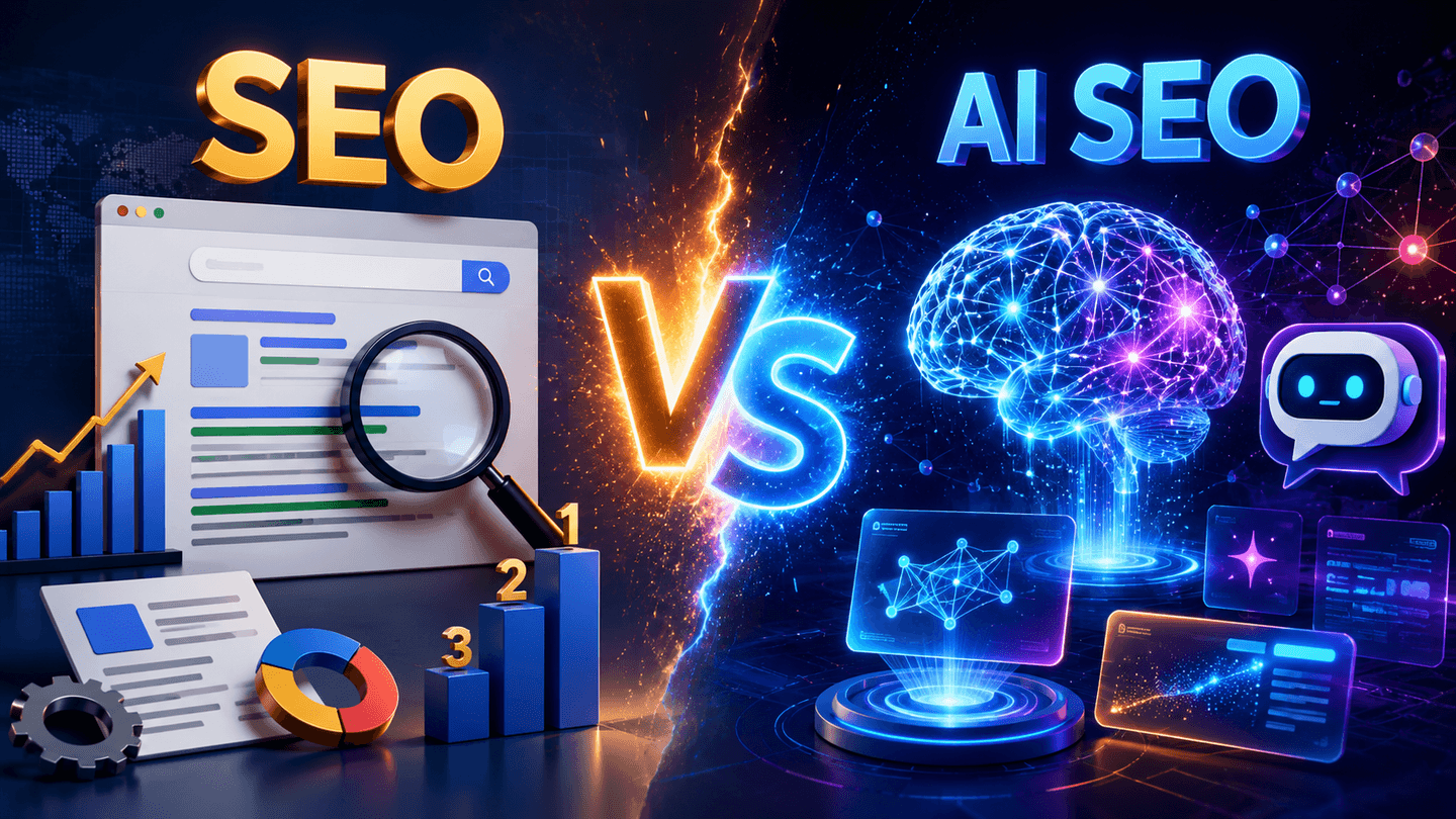 Visual comparison of traditional SEO and AI SEO with search results, content and generative engines